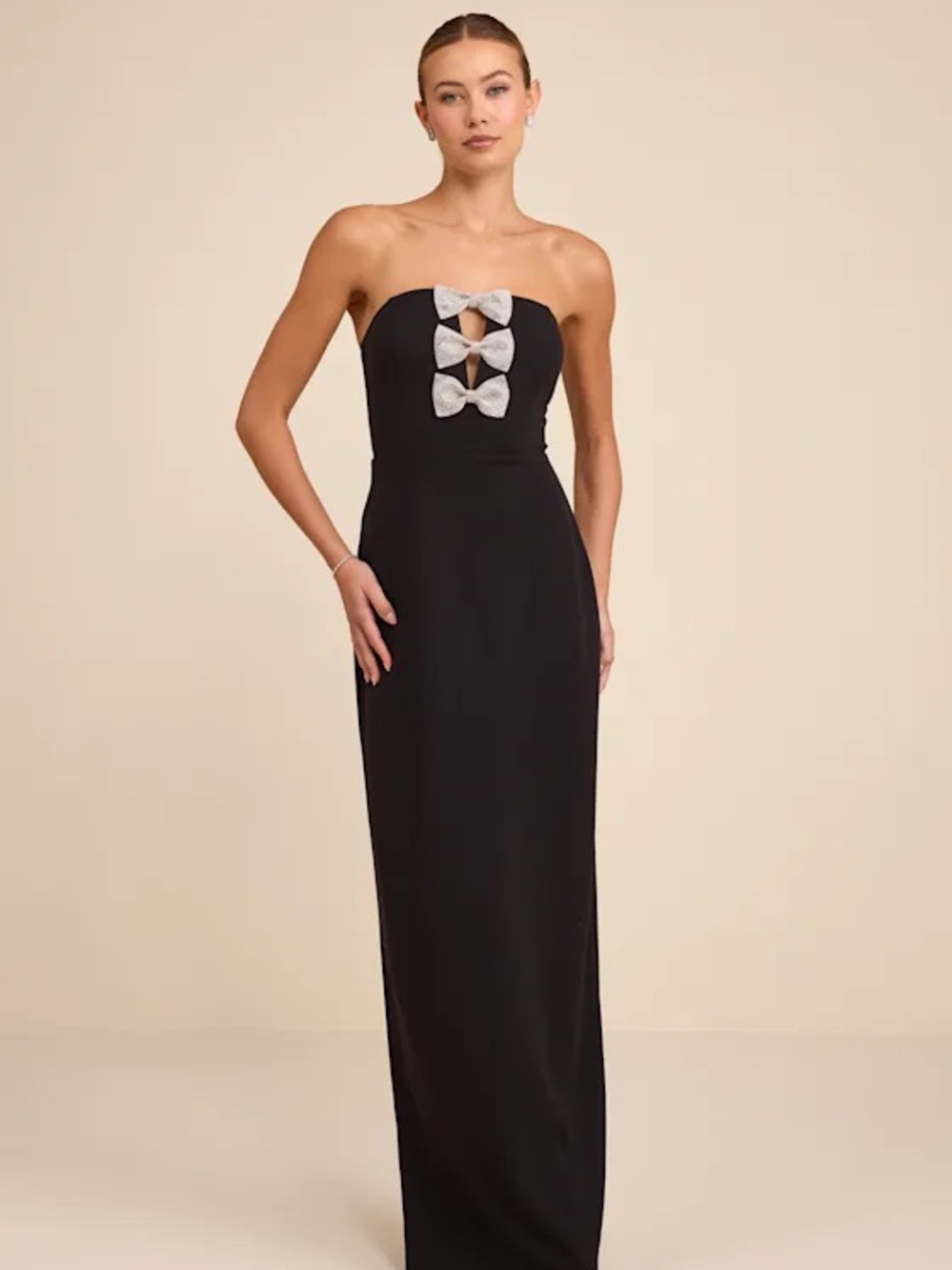 Lulus Jovia Black Rhinestone Bow Strapless Maxi Dress Size S